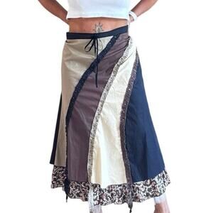 Ceres Patchwork Midi Skirt Bohemian Y2K Western Linen Blend Earth Tone L